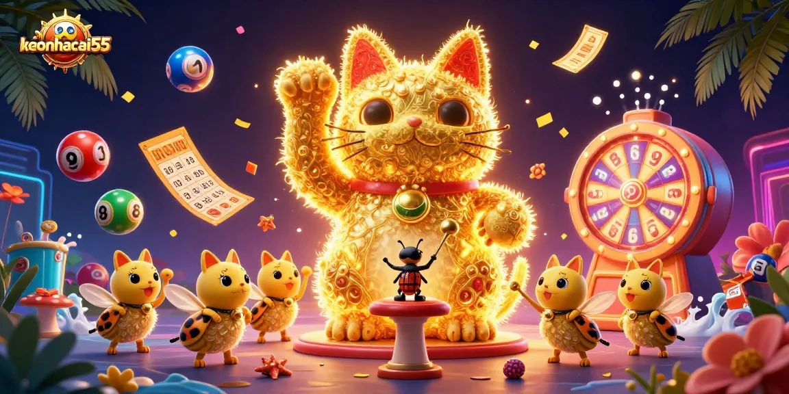 Experience keonhacai55 with a vibrant scene of a lucky cat and dynamic casino symbols.