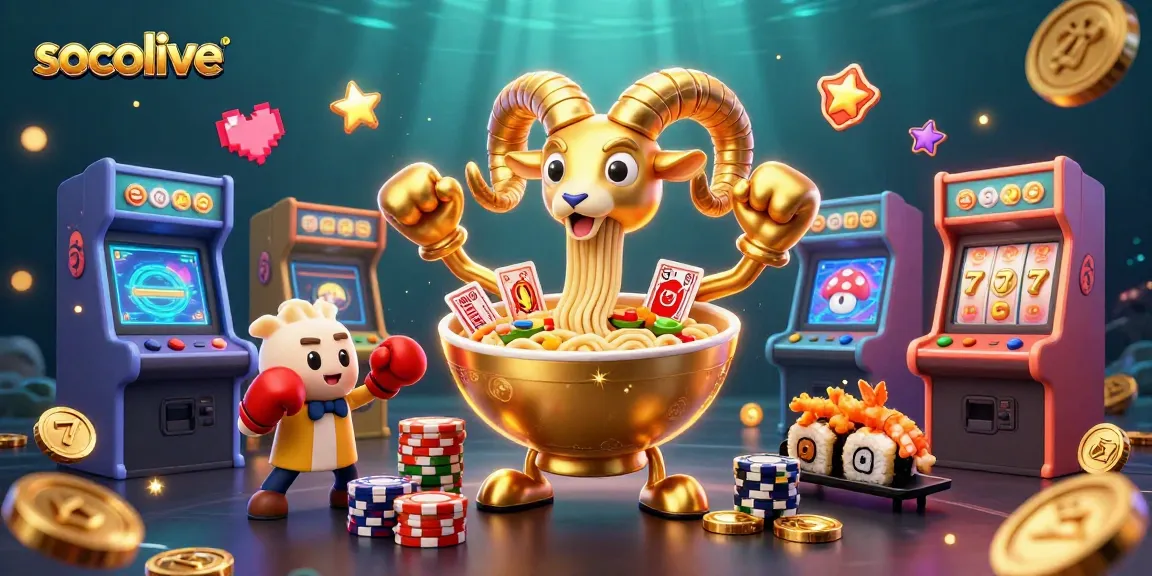Socolive engages with players through a vibrant scene of gaming action featuring a golden ramen bowl and casino elements.