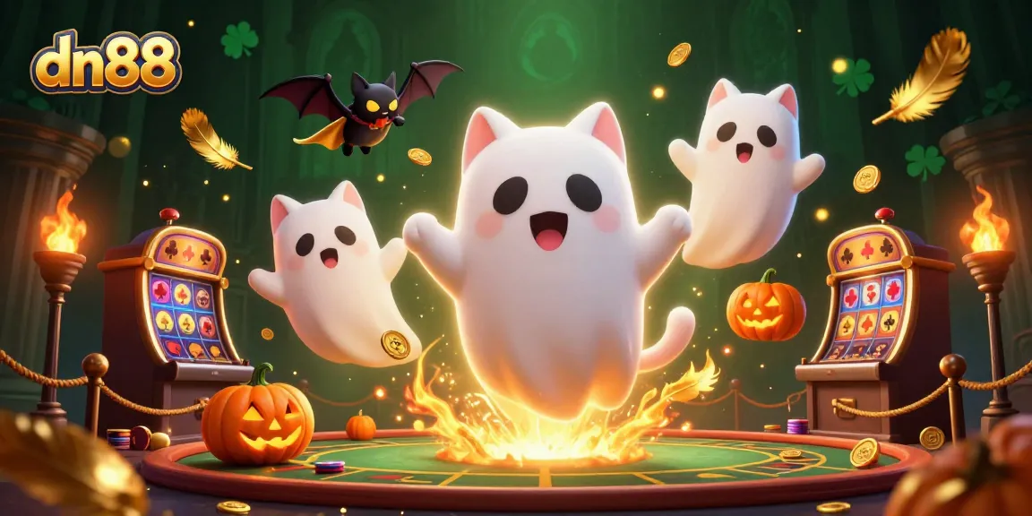 Experience excitement at dn88 with a ghost cat and vampire bat in a haunted casino scene.