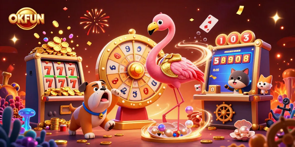 Join the excitement at OKFUN with a vibrant scene of games, prizes, and casino elements.