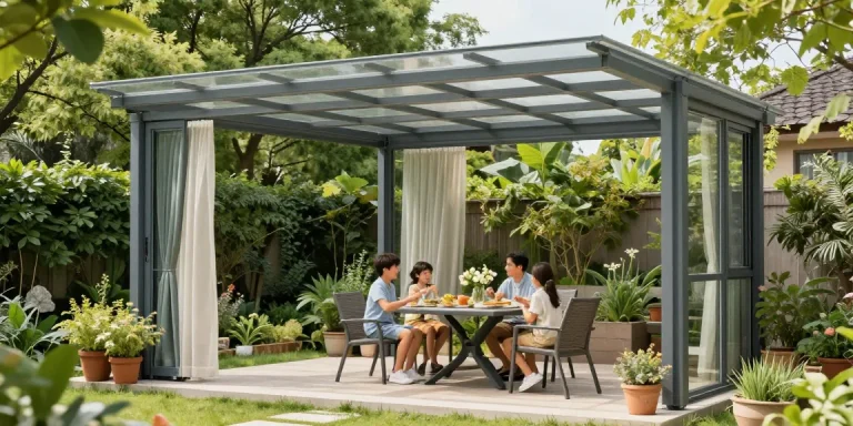 Moderne freistehende Terrassenüberdachung mit Familie im Garten genießen.