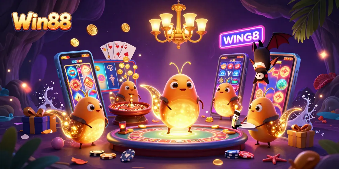 Win88 offers an exciting casino experience with lively glowworms and a bat dealer in a vibrant setting.