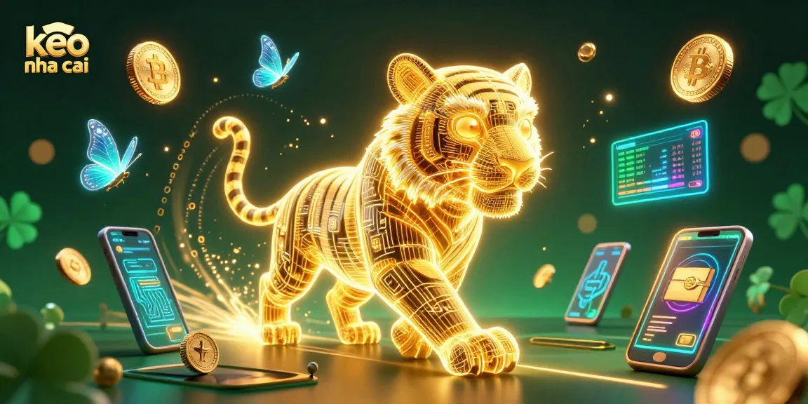 Engage in keo nha cai betting strategies with a vibrant digital casino scene featuring a majestic tiger.