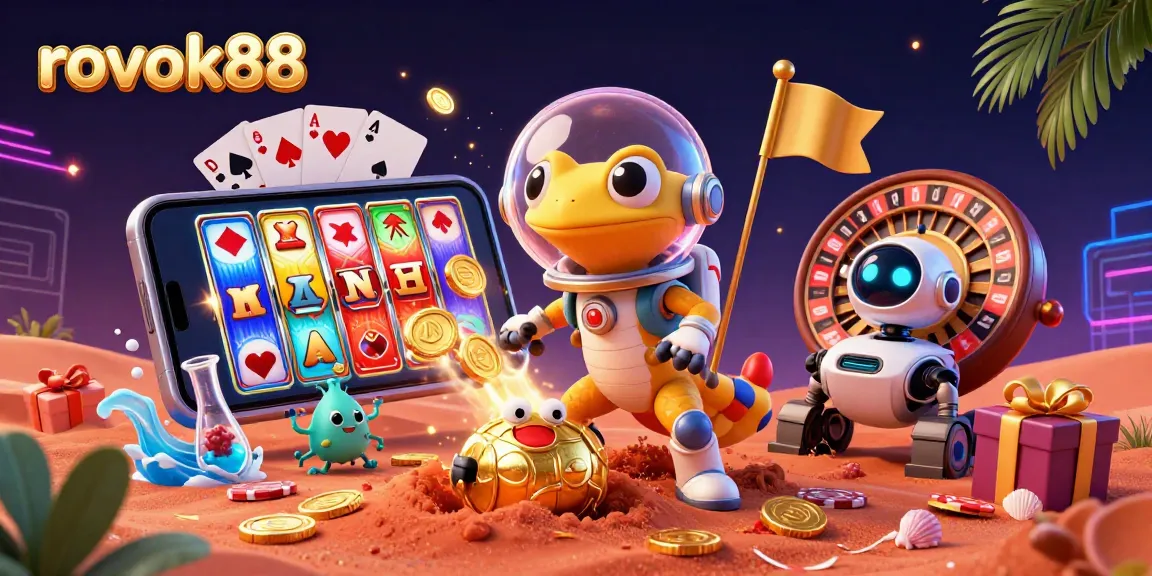 Experience the thrilling adventure of rokok88 with a Martian gecko exploring a golden casino amidst vibrant gambling symbols.