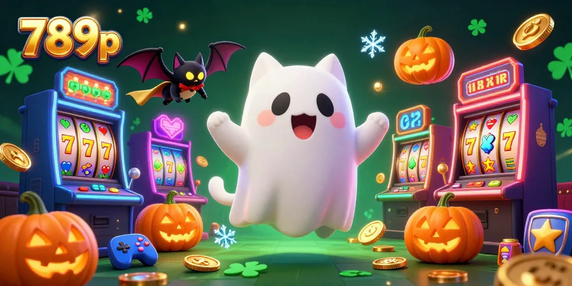 Engage with 789p as the ghost cat explores a haunted casino filled with glowing slot machines and treasures.
