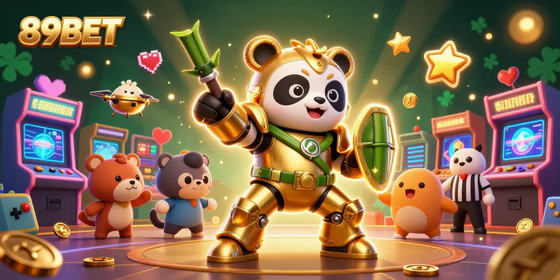 Engage with 89BET's vibrant casino experience featuring a dynamic panda and arcade elements.
