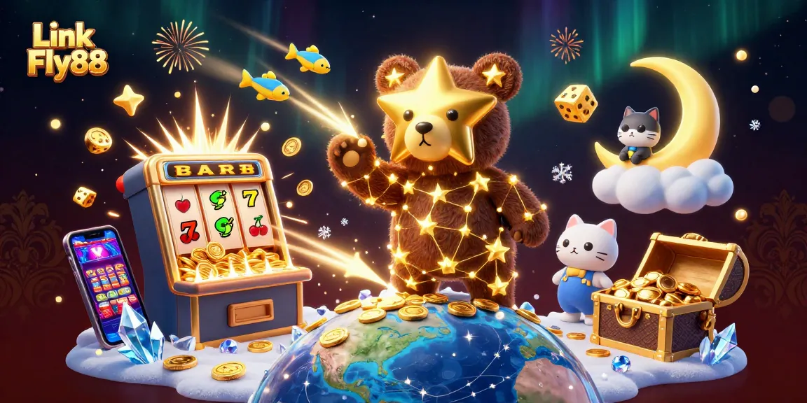 Win big with Link Fly88, featuring a 3D cartoon constellation bear amidst a jackpot explosion of coins!