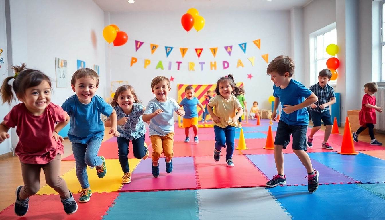 Aktive Kinder spielen Bewegungsspiele bei einer Geburtstagsfeier – hier klicken und informieren!