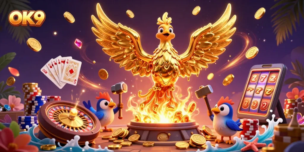 Experience OK9's thrilling casino world as a molten phoenix emerges, cascading coins and excitement.