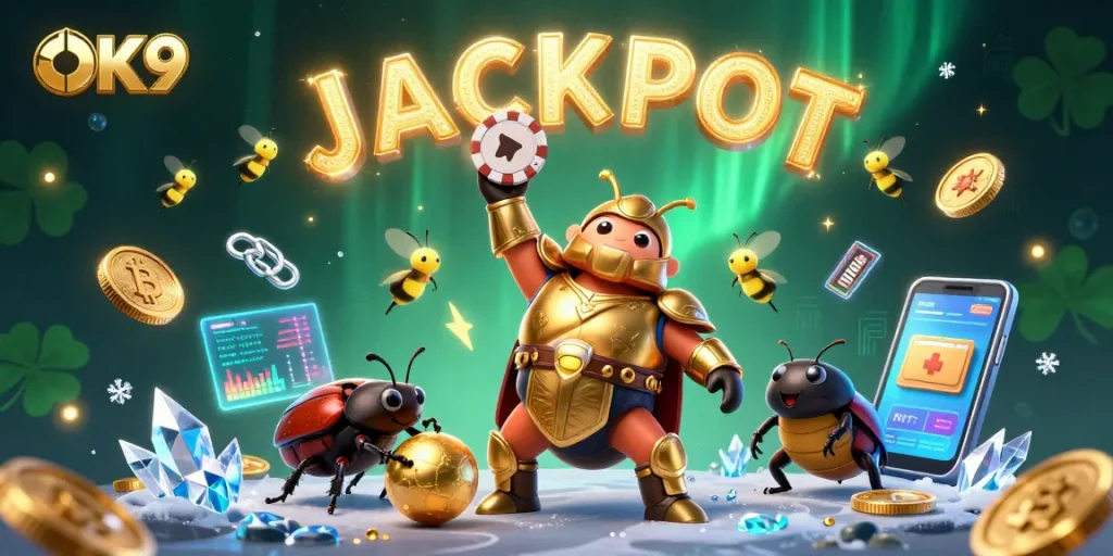 Join OK9's thrilling adventure as the hercules beetle celebrates a big win with poker chips and gold coins.