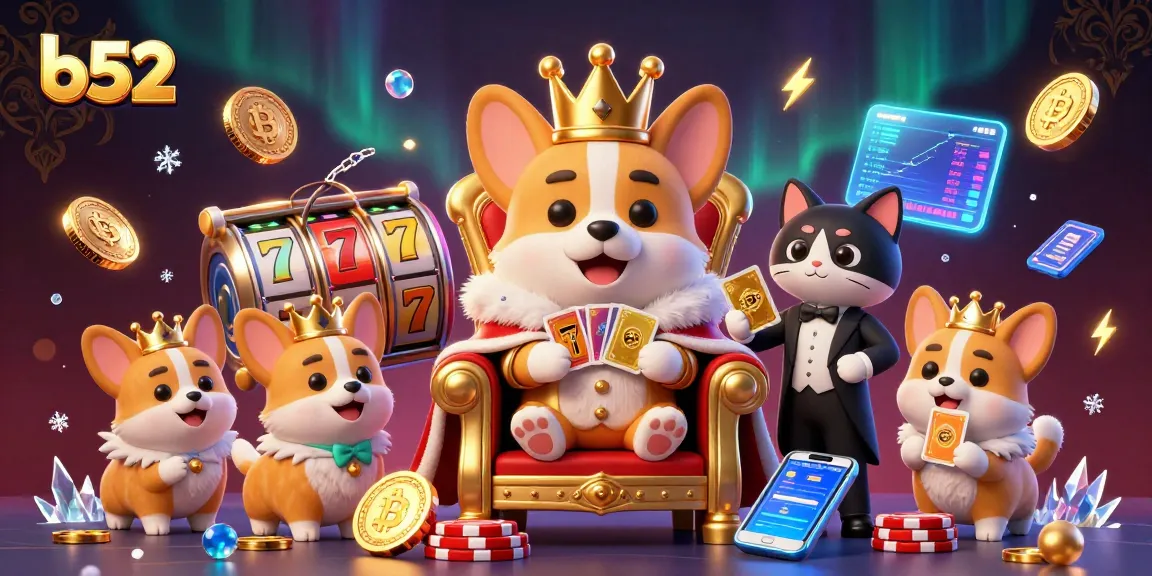Explore b52 gaming excitement featuring a royal corgi and engaging slot reels in this vibrant casino scene.