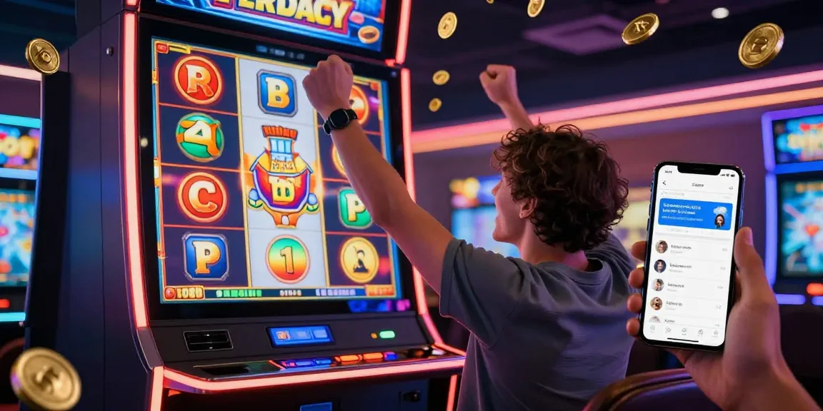 Slot777, seseorang merayakan kemenangan besar di mesin slot virtual dengan koin berjatuhan dan antusiasme tinggi.