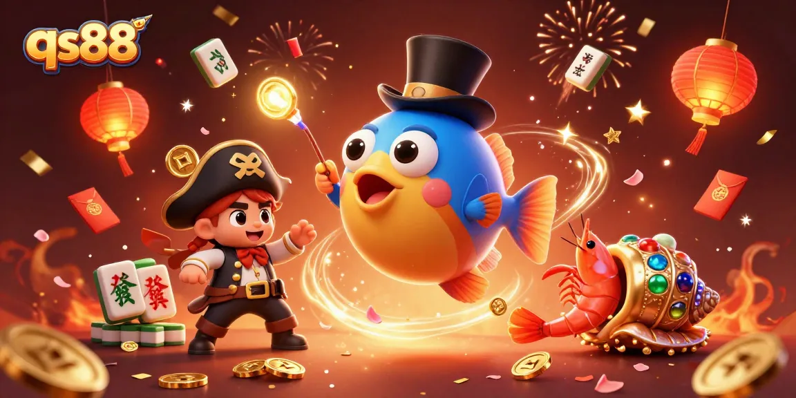 Experience thrilling gameplay with qs88's vibrant illustration of a deep-sea anglerfish attracting coins amidst festive elements.