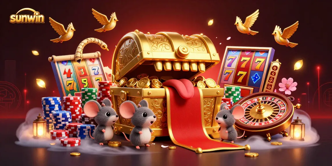 Engage with sunwin's vibrant online casino experience as adventurer mice approach golden treasure amidst slot reels and poker chips.