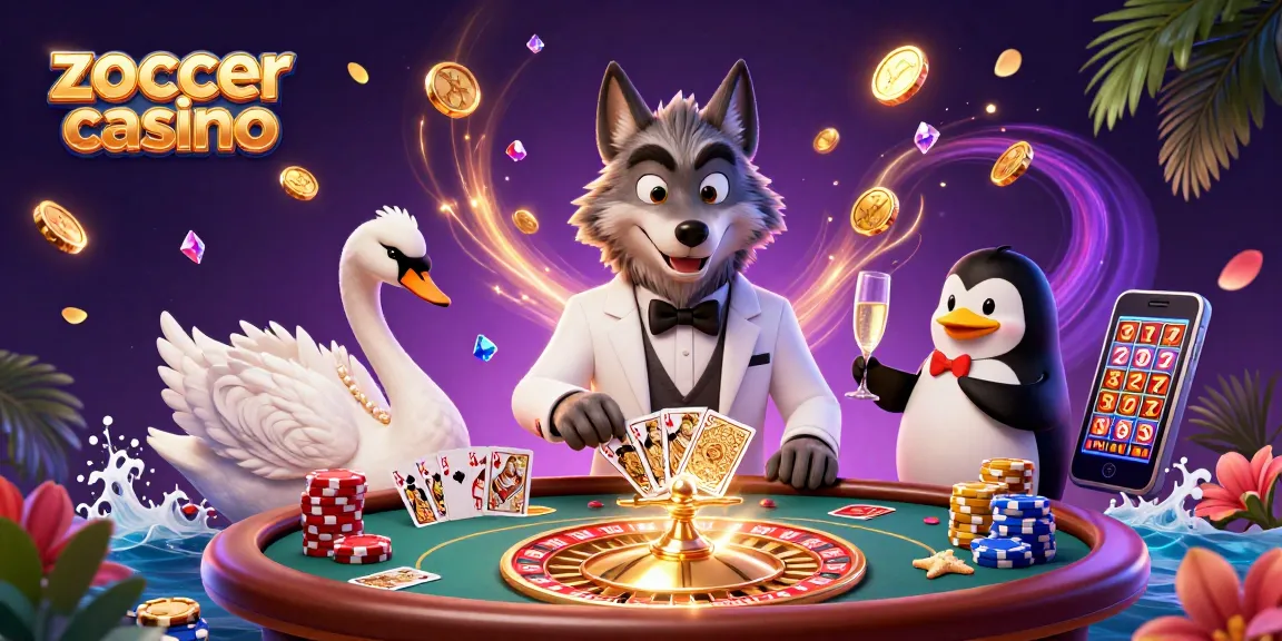 Zoccer Casino showcases a debonair wolf, elegant swan, and sophisticated penguin enjoying a lively baccarat game.
