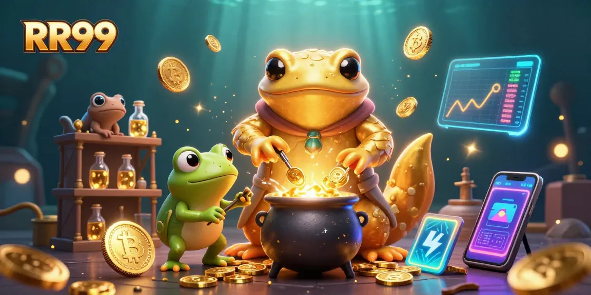 Engage with RR99 by winning big in a dynamic casino scene filled with golden coins and crypto elements.