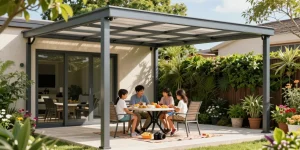 Moderne Terrassenüberdachung mit Familie beim Picknick unter dem Schutzdach.