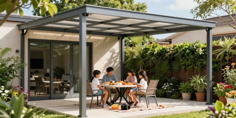 Moderne Terrassenüberdachung mit Familie beim Picknick unter dem Schutzdach.