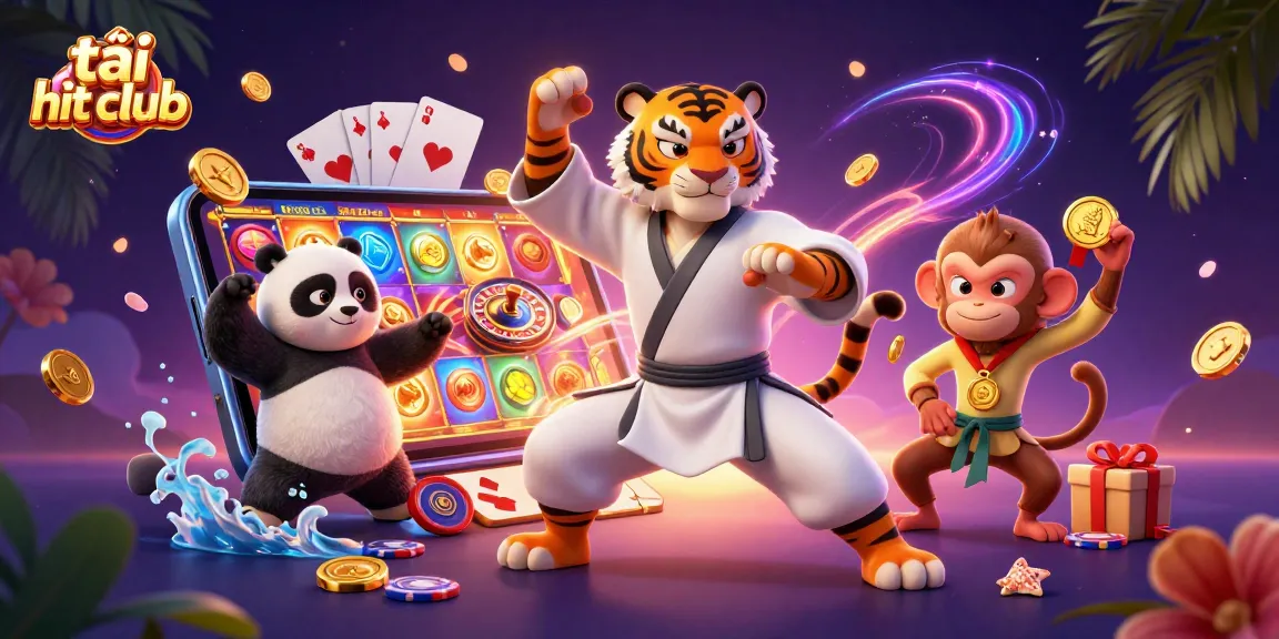 Experience the thrill of tải hit club with colorful slot games and dynamic characters in this vibrant artwork.