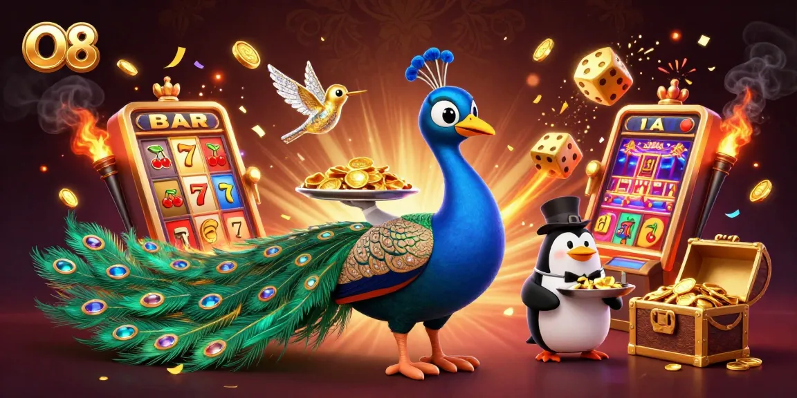 Play games at O8 with vibrant casino elements and dynamic characters showcasing a thrilling gaming experience.