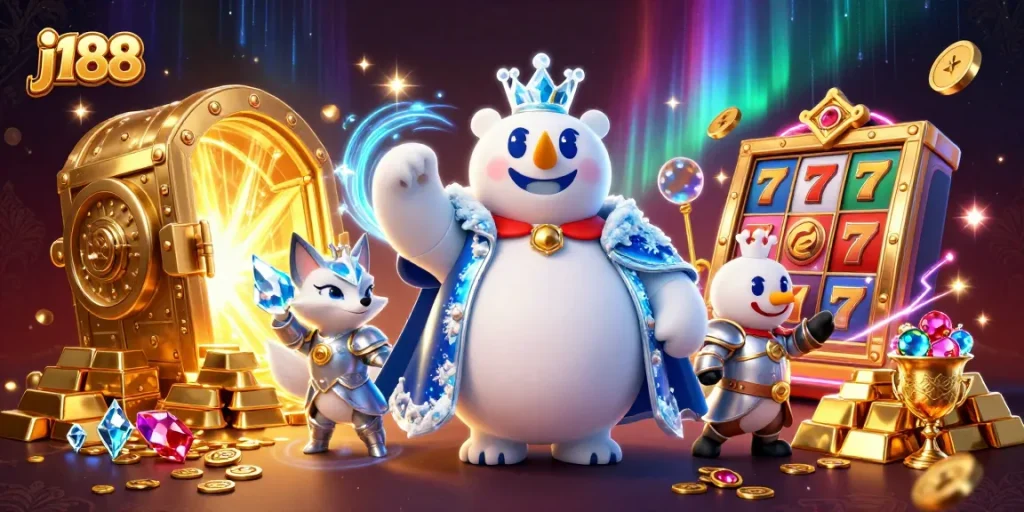 Engage with j188's vibrant casino world featuring an ice king polar bear and treasures.