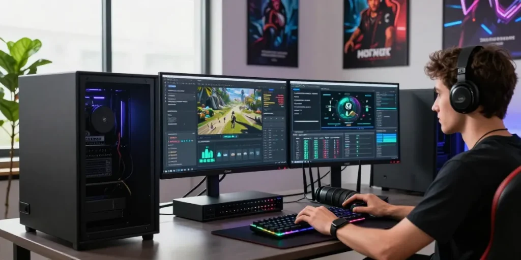 Profesjonalne ustawienie hostingowe gier z serwerem w konfiguracji w nowoczesnym biurze, podkreślona tematyka game hosting.