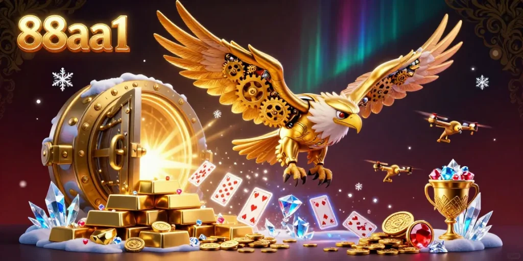 Experience 88aa1's winning action with cybernetic eagle amidst a wealth of casino treasures.