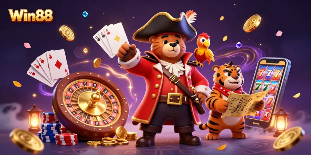 Experience playful adventures at Win88 with a pirate bear, tiger first mate, and treasure map.