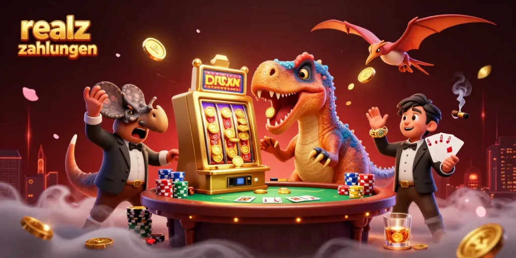 Realz Casino Zahlungen: 3D-Dino spielt Spielautomaten und erntet Goldmünzen.
