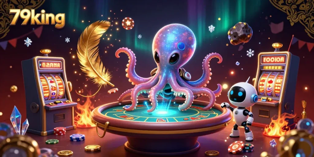 79king reveals cosmic gaming thrills with an alien octopus dealer at a high-stakes poker table.