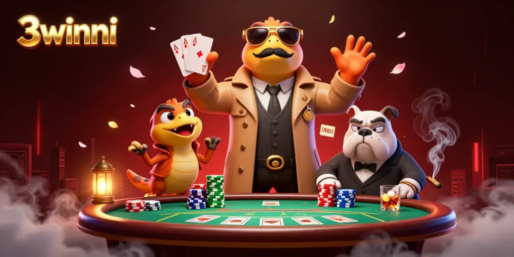Experience 3winni's thrilling casino adventures with vibrant poker elements in a lively digital illustration.