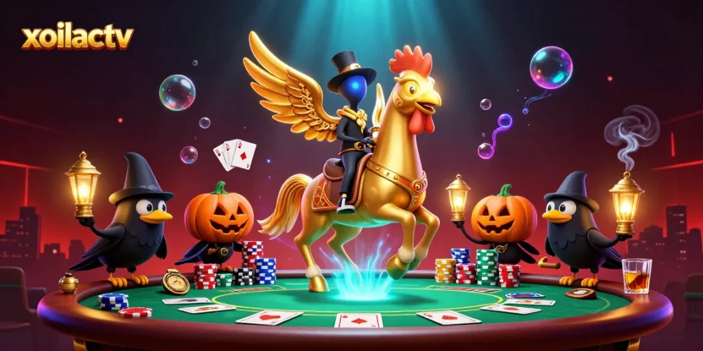Witness the enchanting xoilactv scene, where fantasy characters embrace thrilling gameplay in a vibrant casino.