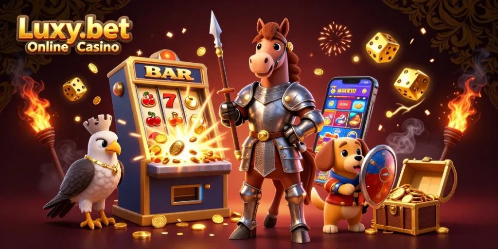 Immerse in Luxy.bet Online Casino's vibrant 3D scene with a knight, squire, falcon, and slot machine.