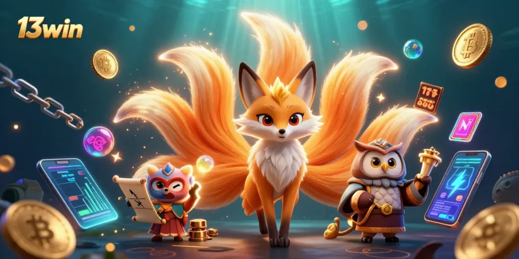 Engage with 13win's vibrant casino adventures featuring a nine-tailed fox and owl in a rich, dynamic scene.
