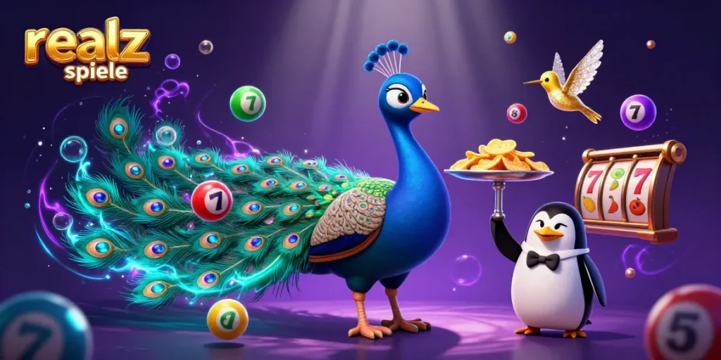 Erlebe spannende Realz Casino Spiele mit einem prächtigen Pfau, einem Butler-Pinguin und einem schillernden Kolibrie.