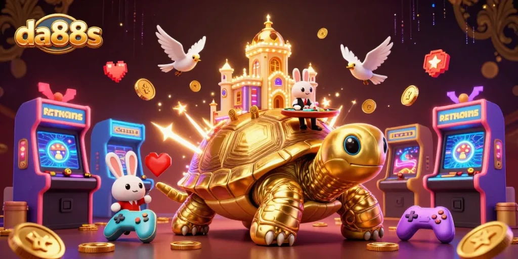 Engage in dynamic gameplay with da88s at a vibrant, interactive 3D casino scene featuring bright elements and lively characters.