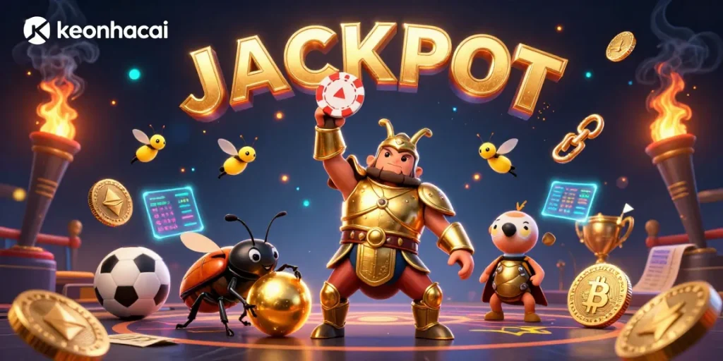 Engage with keonhacai as the hercules beetle celebrates a poker win, surrounded by vibrant sports betting elements.
