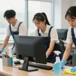 Unterhaltsreinigung Hannover durch professionelles Team in hellem Büro mit Reinigungsmitteln.