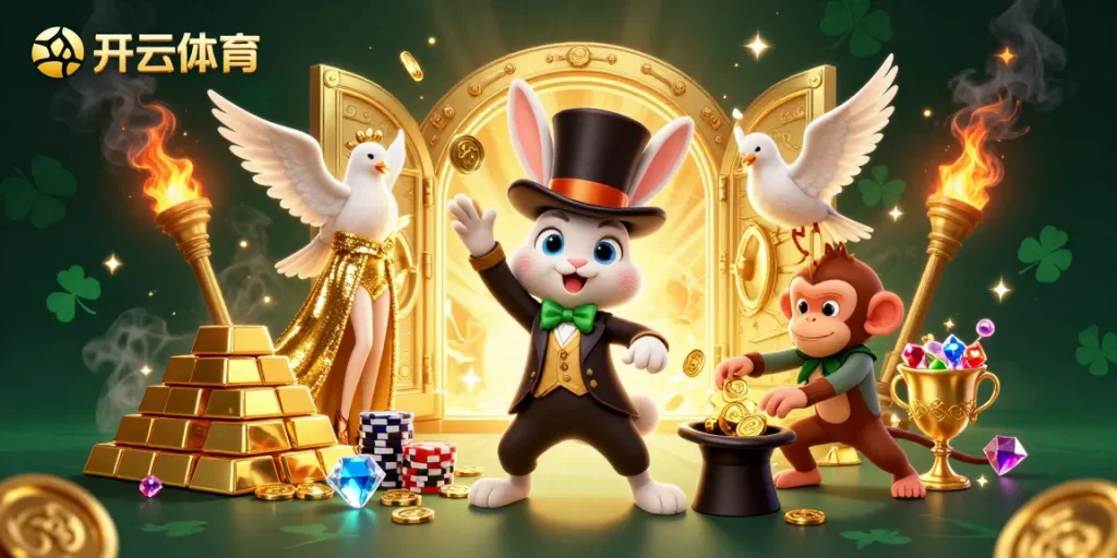 Experience excitement with 开云体育 as a magician rabbit brings golden coins from a top hat amidst casino treasures.