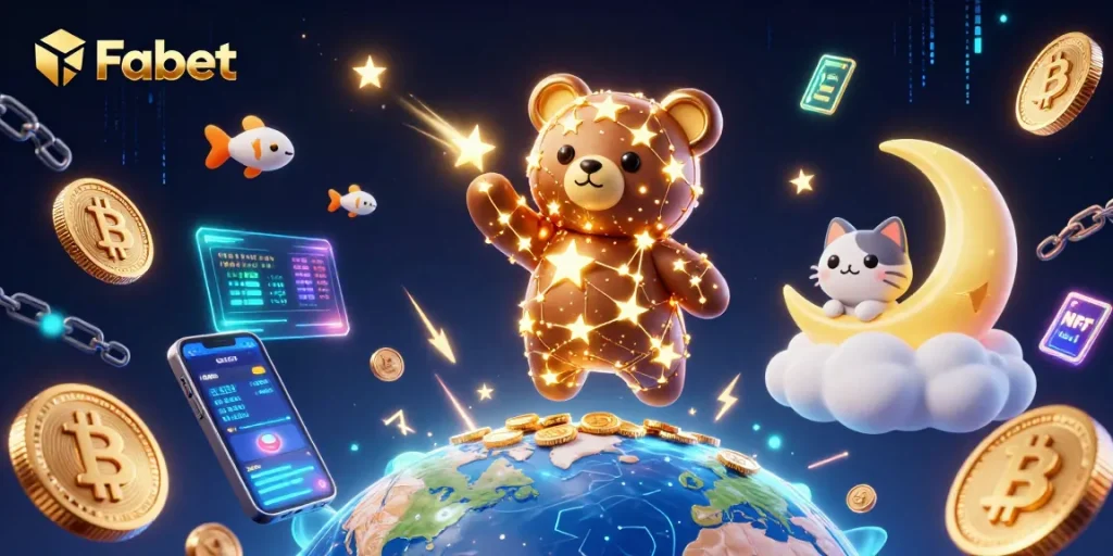 Engage with Fabet's stellar universe and crypto gaming experience in a mesmerizing 3D scene.
