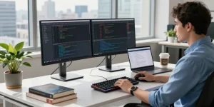 Der edimakor Softwareentwickler arbeitet in einem modernen Büro mit Licht und inspirierender Atmosphäre.