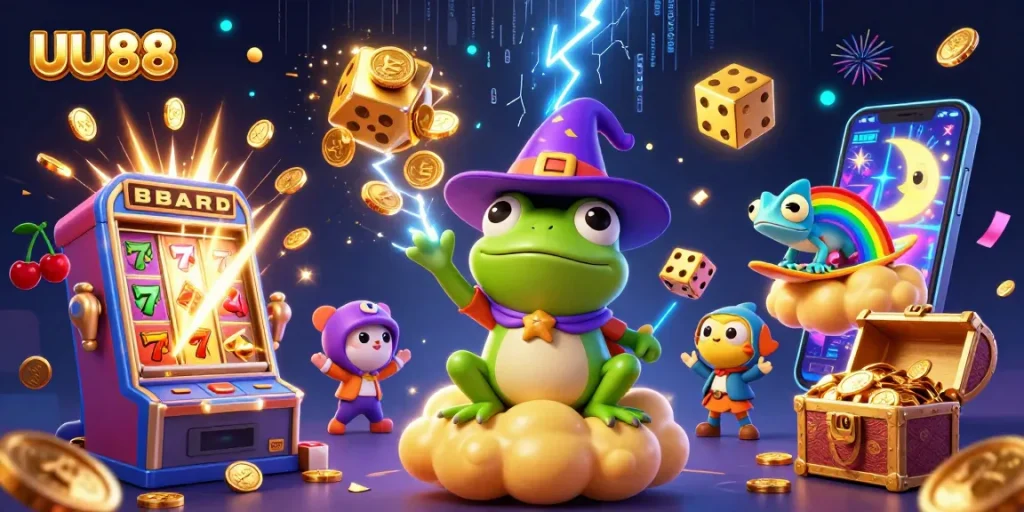 Experience the thrill of winning with UU88's enchanting imagery of a cartoon weather wizard frog and dynamic casino elements.