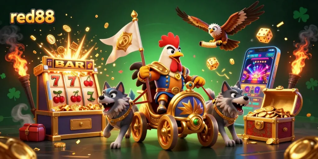 Win big at red88 with this vibrant 3D illustration of a rooster warlord and jackpot chaos!