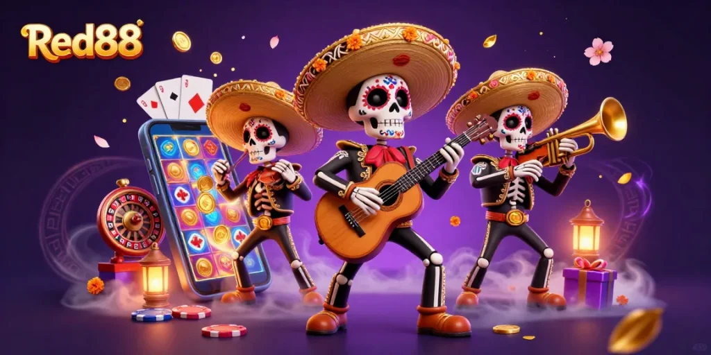 Engage with Red88's vibrant casino world showcasing skeleton mariachi band, slot games, and rich decorations.