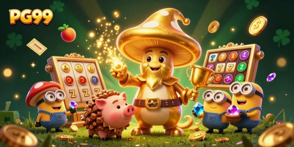 Experience the excitement of PG99 with golden magical characters and vibrant slot game elements.