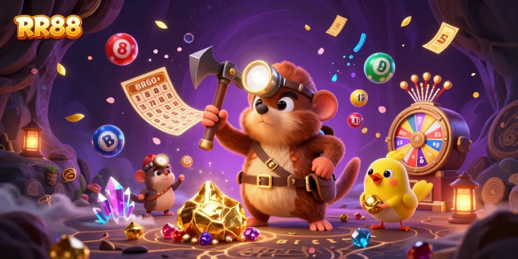 RR88 users can enjoy an engaging illustration of vibrant lottery elements and a treasure hunter mole.
