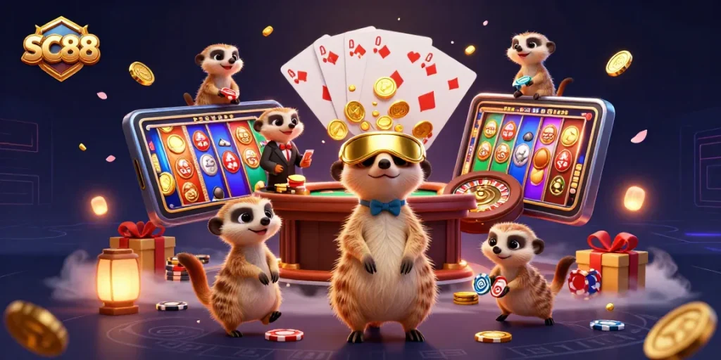 SC88 meerkats rule the casino scene with exciting slots, cards, and vibrant casino elements.