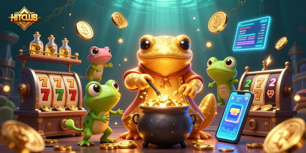 Engage with HITCLUB's thrilling gold coin adventure in this vibrant 3D casino scene.