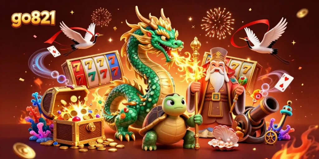 Join the excitement of go821 with a vibrant illustration showcasing a jade dragon and animated cash flow.