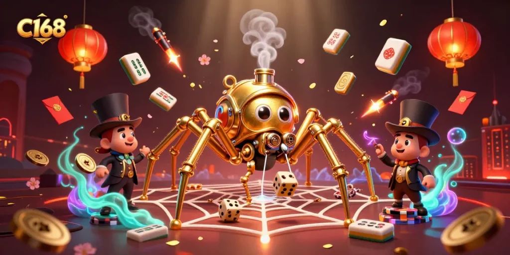 C168 captivates players with steampunk characters and golden web elements in an exciting casino setting.